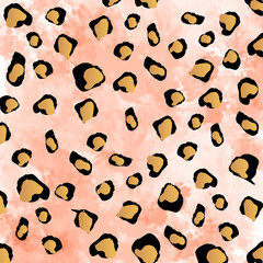 Gold and black leopard spots scattered on a pink watercolor background leopard print