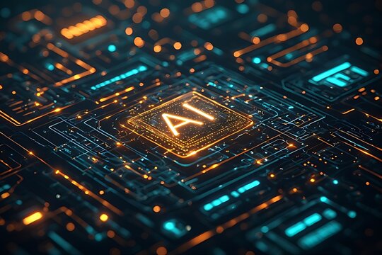 Digital representation of artificial intelligence with lights and circuits. Futuristic image with the letters AI illuminated on a digital circuit, symbolizing technology, innovation, and neural networ