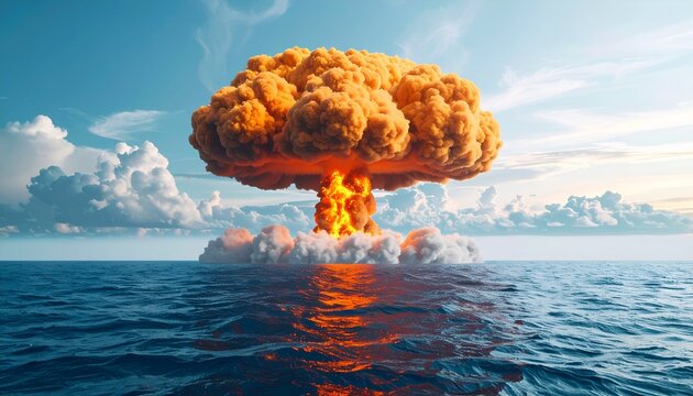 A fiery mushroom cloud erupts over ocean water under a bright sky
