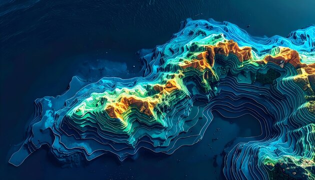 A digital rendering depicting a vibrant, layered topographic island in shades of blue and gold