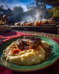Dynamic wide-angle view of a dark green plate holding maize porridge, grilled boerewors, and rich tomato-onion sauce, foregrounded on a red tablecloth, with a barbecue and friends behind, realistic li