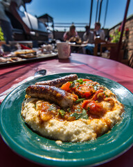 Fish-eye lens shot of a green plate featuring maize meal porridge, barbecued boerewors, and tomato onion gravy on a red tablecloth, with a Weber grill and friends in the background, photorealistic sty