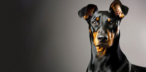 Front facing portrait of black and tan Doberman Pinscher dog with natural ears on dark to light gray gradient background Generative AI