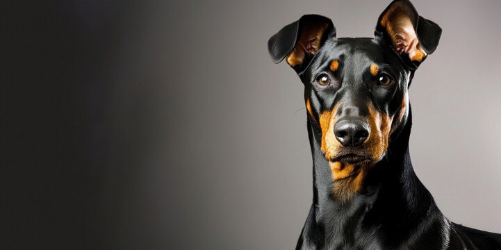 Front facing portrait of black and tan Doberman Pinscher dog with natural ears on dark to light gray gradient background Generative AI