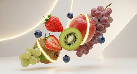 Creative composition of levitating fresh fruits with a luminous slicing effect, representing a modern concept of healthy eating and vitality