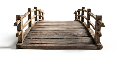 Realistic 3D render of a simple curved wooden bridge with smooth planks and side railings, clean white background.