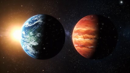 Dramatic Cosmic Visualization of Earth and Mars in Space with Stars and Sun