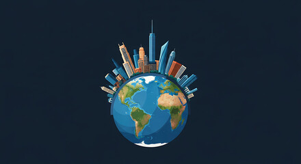 Naklejka premium A stylized illustration of a globe surrounded by various city skyscrapers, representing global urban development.
