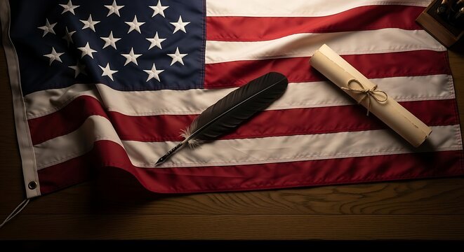 American Heritage - Flag, Quill, and Scroll Symbolizing History and Freedom.