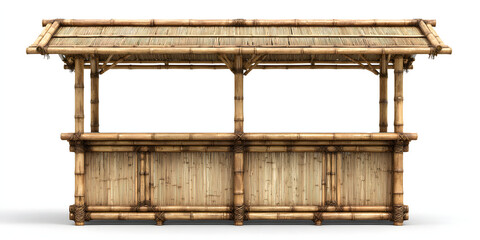 Bamboo tiki bar with roof, photographed from the front, hyper-realistic, professional lighting, white background.