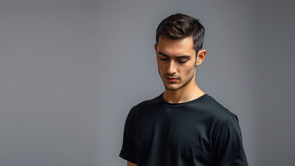 Obraz premium A young man with dark hair, wearing a black t-shirt, looking down with a serious expression.