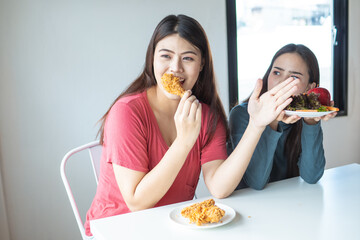 Woman on dieting for good health concept, No Cheat Meal, Stop Eating Junk Food Concept