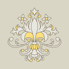 Ornate grey and yellow floral flourish decoration on beige background vintage