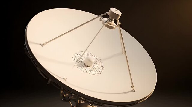 Large White Satellite Dish Pointing Upward on a Black Background Under Warm Lighting Broadcasting Signal Technology Communication Equipment