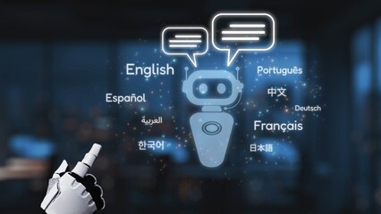 A futuristic robot illustration with speech bubbles representing various languages, showcasing...