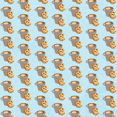 Pattern of coffee cups and chocolate chip cookies on blue background seamless pattern