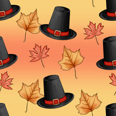 Pilgrim hats and autumn leaves seamless pattern on gradient background autumn leaf fall