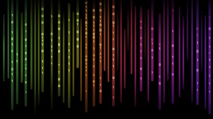 Colorful Digital Binary Code in Vertical Stream with Vibrant Gradient from Green to Purple Against Black Background