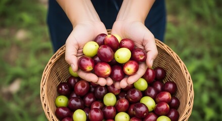 Hands presenting a basket of freshly picked red and green plums, close-up view in an outdoor orchard, vibrant colors, natural sunlight, healthy organic fruit, summer harvest, rustic and wholesome prod