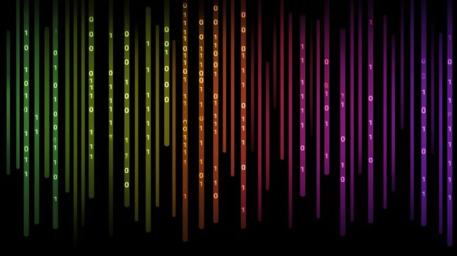 Colorful Digital Binary Code in Vertical Stream with Vibrant Gradient from Green to Purple Against Black Background