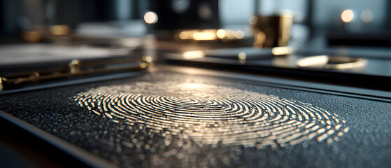 Secure document with fingerprint shield protecting data security and privacy in modern office setting conveying trust and protection