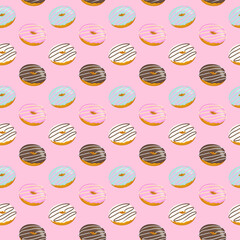 Pink blue and brown iced donuts in a repeating pattern food sweet