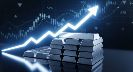 Stunning silver bars stacked high with a dynamic upward trending arrow and financial chart symbolizing investment growth and market success