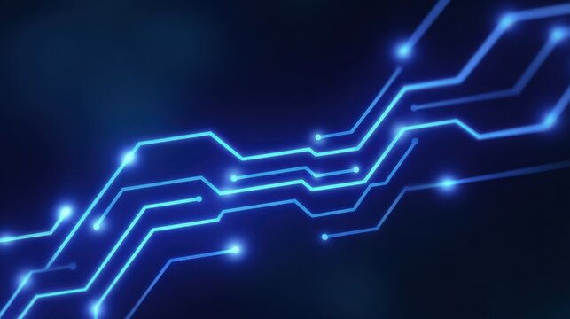 Abstract glowing blue circuit lines technology background with luminous nodes and digital patterns illustrating connection and communication in modern design