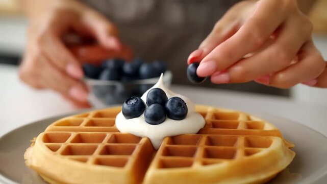 A close-up shot of a person's hands delicately placing blueberries on top of a waffle, creating a delightful treat. The waffle is adorned with whipped cream Stock Video