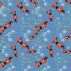Ladybugs with heart, blue flowers seamless pattern on blue. Unless pattern for web, for print, for fabric print, for wallpaper