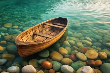 Obraz premium A tranquil wooden rowboat rests gently on the tranquil surface of a crystalline lake, surrounded by colorful stones.