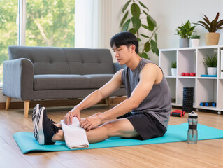 Young Man Finishes Home Workout, Relaxing With Towel After Exercise At Home. A fit young man sits on a blue workout mat in a cozy living room, drying off with a towel after a home workout. Dumbbells.