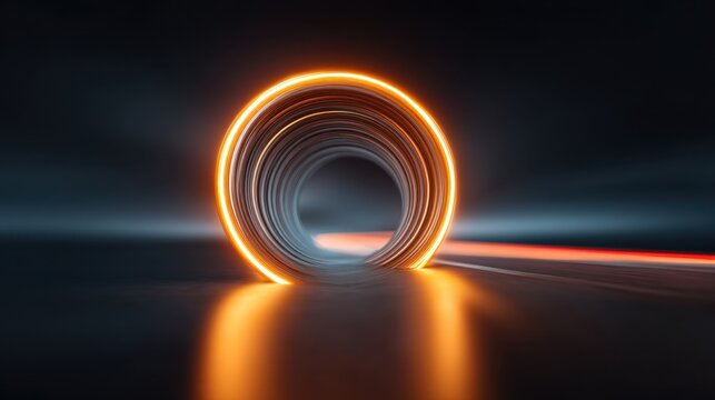Abstract glowing loop with light trails and smooth reflections in dark environment, representing motion, speed, and futuristic concepts