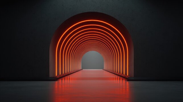 Futuristic corridor with glowing neon arches, modern interior design, illuminated passageway, and minimalist architectural features in a dimly lit space