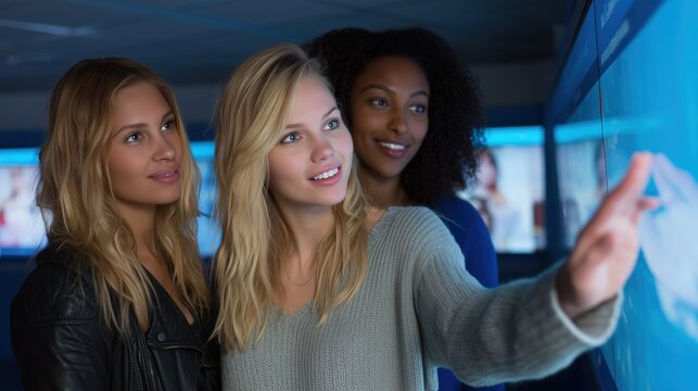 Three diverse women pointing at an interactive display, focused and engaged with the information