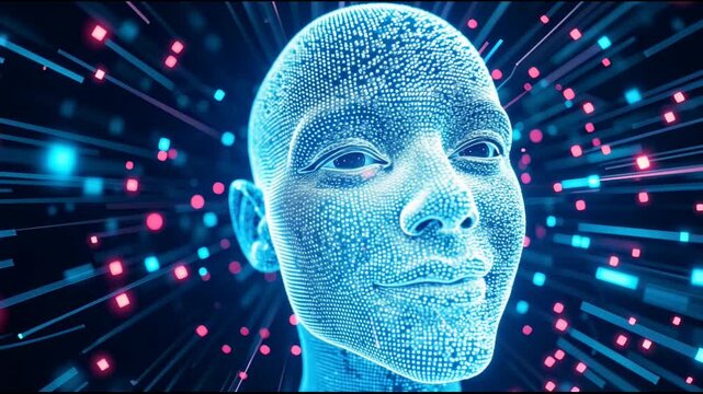Futuristic digital human face illuminated by neural network light patterns symbolizing artificial intelligence and consciousness evolution