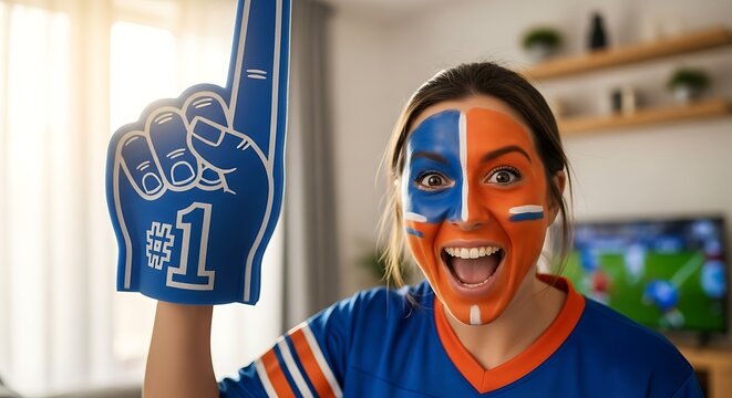Enthusiastic woman with face paint cheering for sports team.