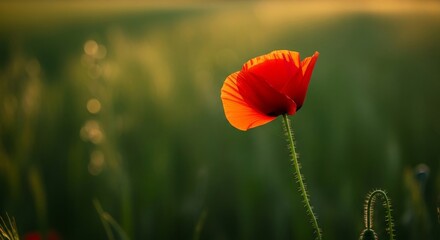 Obraz premium Vibrant Poppy's Radiance A Single Bloom Bathed in Golden Sunlight, Amidst Lush Greenery