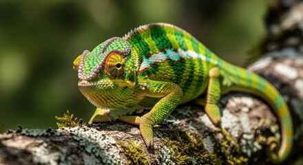 A vibrant chameleon basks on a mossy branch, blending into nature's palette