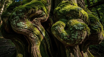 Moss-covered tree trunk exhibiting gnarled knots and twisting bark in the forest