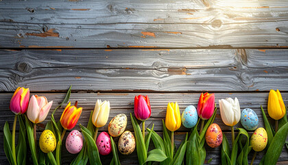 Easter Tulips and Eggs on Wood
