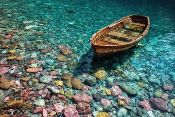 Obraz premium A serene wooden rowboat rests peacefully on a bed of vibrantly colored pebbles in a shallow, crystal-clear lake.