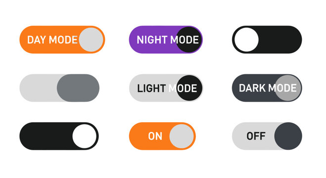 Collection of modern UI toggle switches for day, night, light, and dark modes.