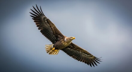 Obraz premium Majestic White-tailed Eagle Soaring Against a Cloudy Sky