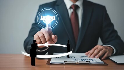 Businessman in Dark Suit Interacts With Holographic Handshake Above Data Chart and Black Silhouettes on Wooden Desk in Corporate Gray Setting - Powered by Adobe
