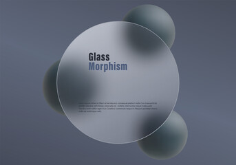 Abstract composition with a frosted circular glass panel, soft blue gradient background and translucent spheres in modern glassmorphism style