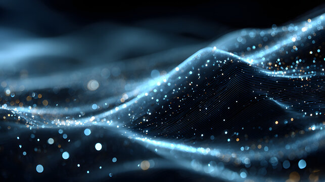 Dynamic blue digital wave with glowing particles, representing data flow and futuristic technology in motion