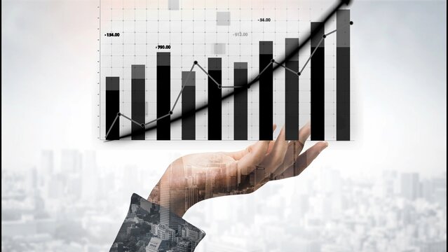 A hand reaching out towards a rising graph symbolizes financial success and growth in business. The blend of cityscape in the background emphasizes urban development and progress. Copula