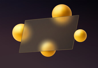 Golden 3D spheres floating around a translucent glass panel with a diagonal tilt on a dark gradient backdrop