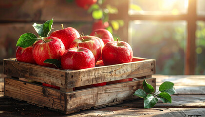 Fresh Red Apples in Wooden Crate